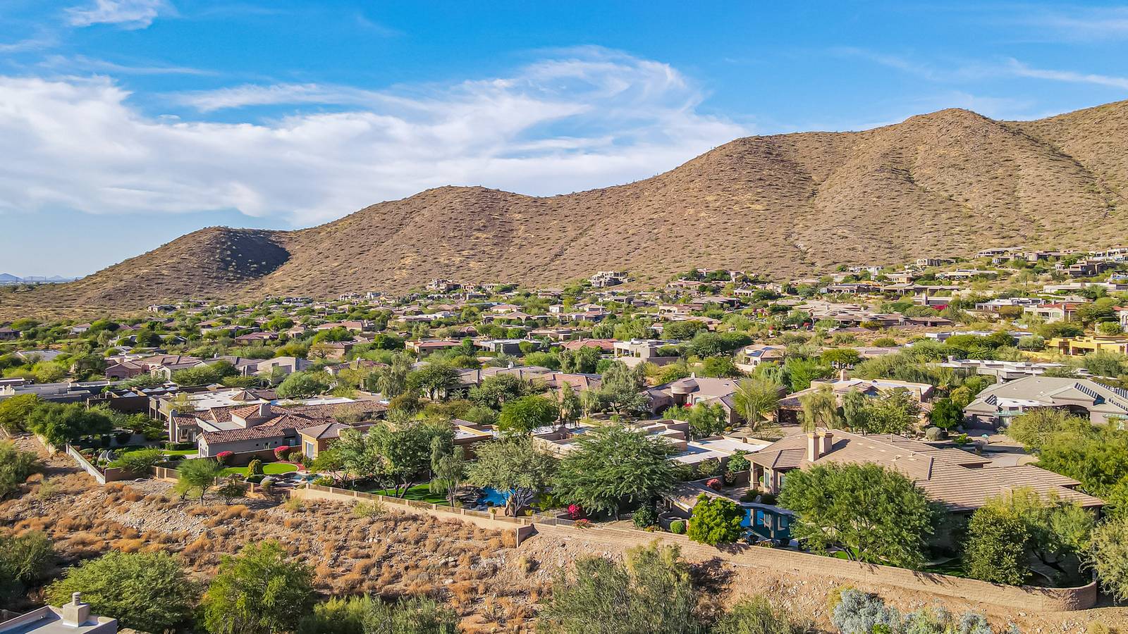 Aerial view of Ancala homes with the McDowell Mountains, Scottsdale