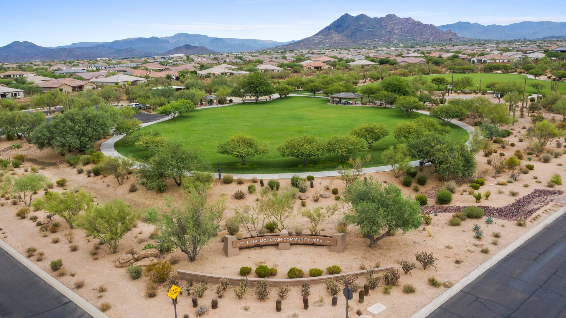 Aerial view of Lone Mountain community park and desert foothills in north Scottsdale