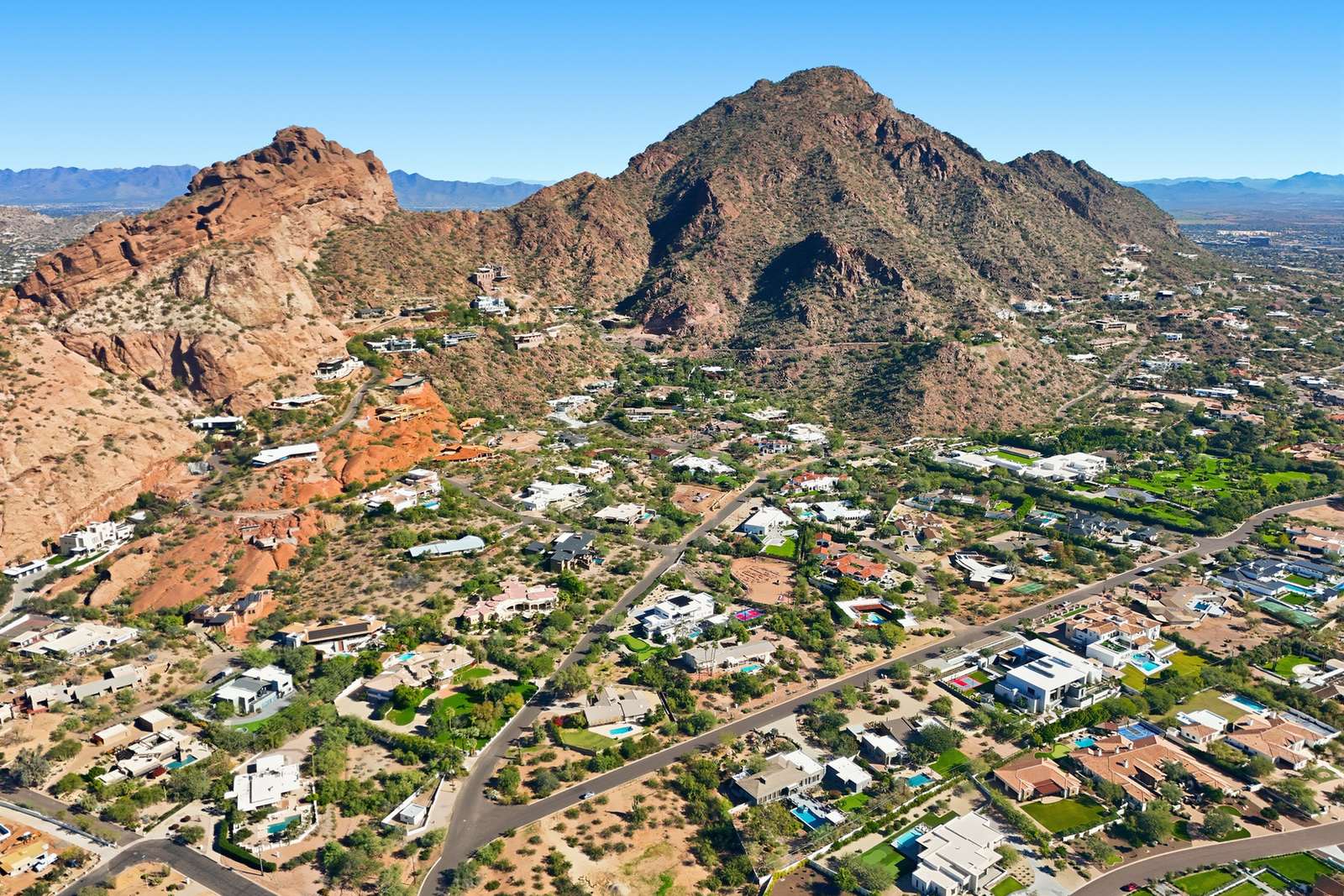 Aerial view of Camelback Mountain and surrounding homes in the Phoenix-Scottsdale area
