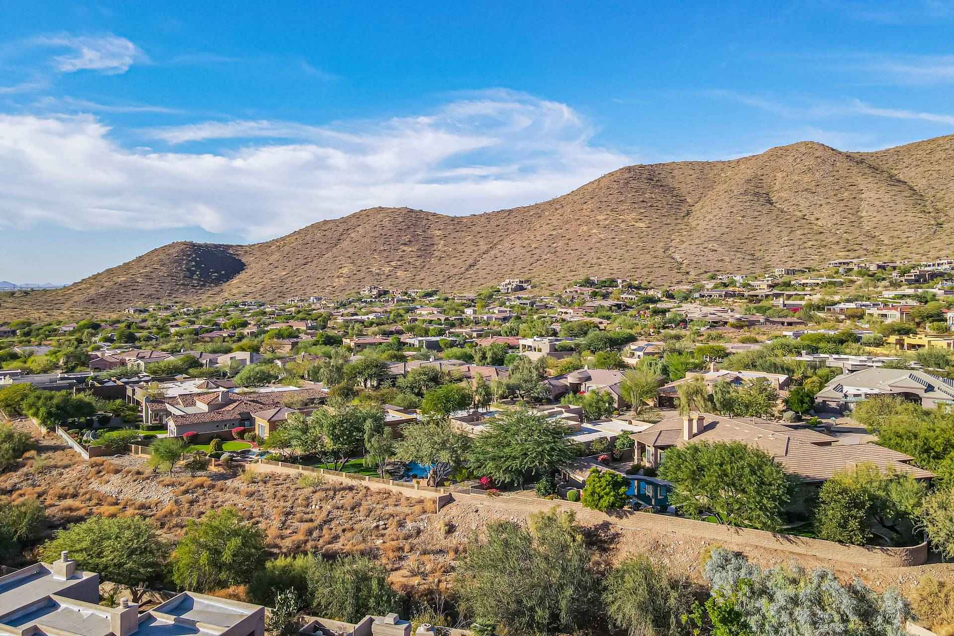 Aerial view of Ancala homes with the McDowell Mountains, Scottsdale