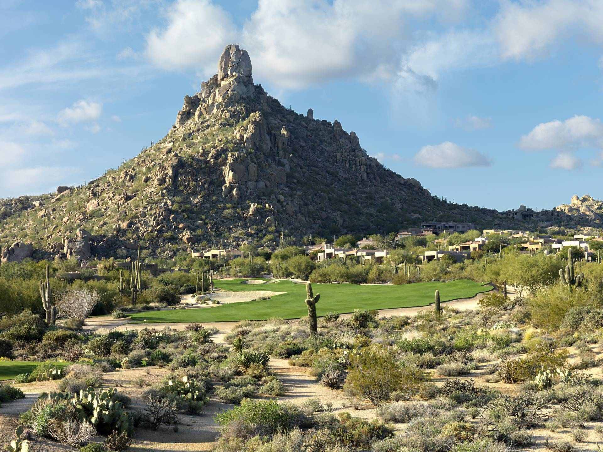 Pinnacle Peak rising above the desert golf course at Desert Highlands, Scottsdale