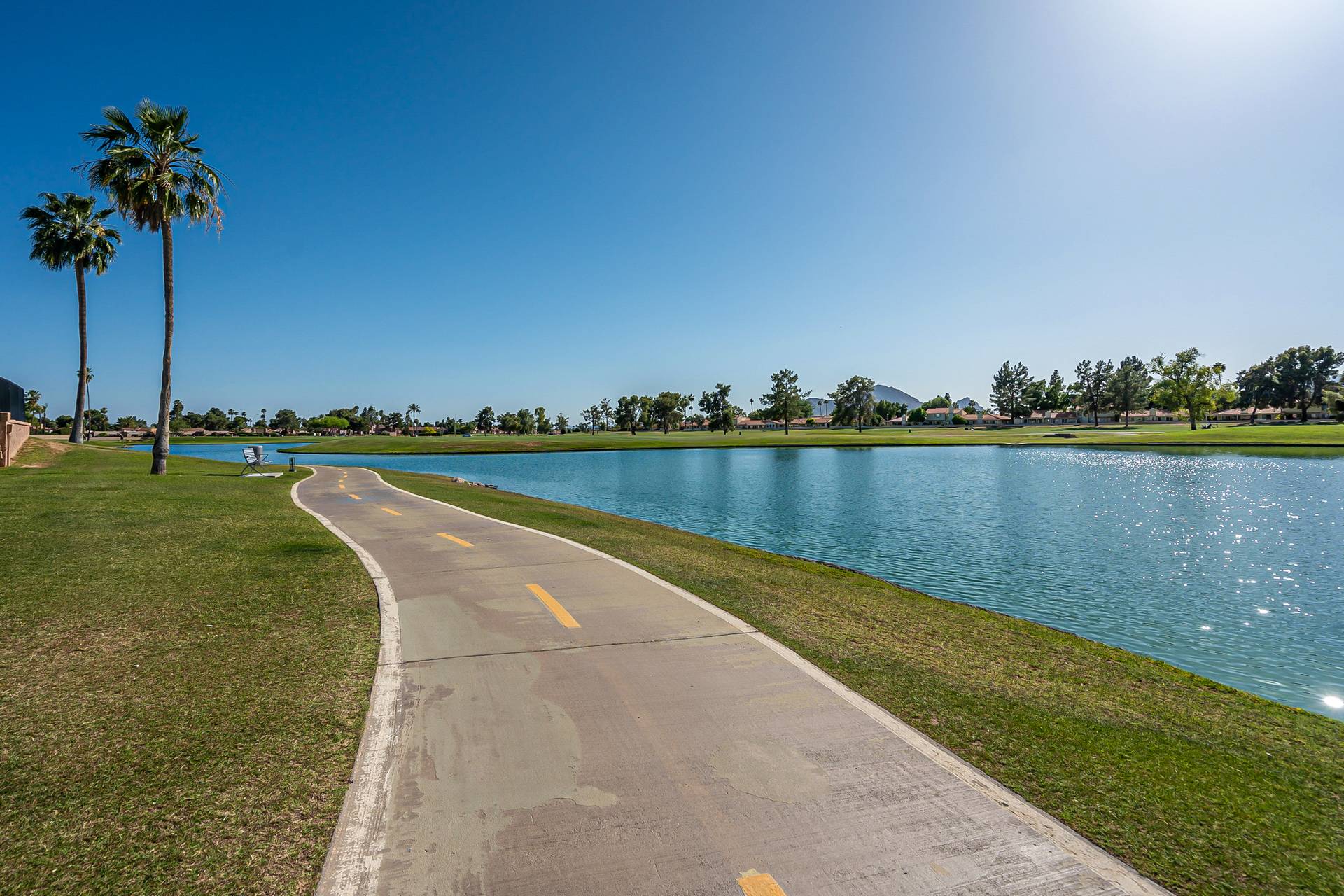 Palm-lined walking path along a lake in McCormick Ranch, Scottsdale