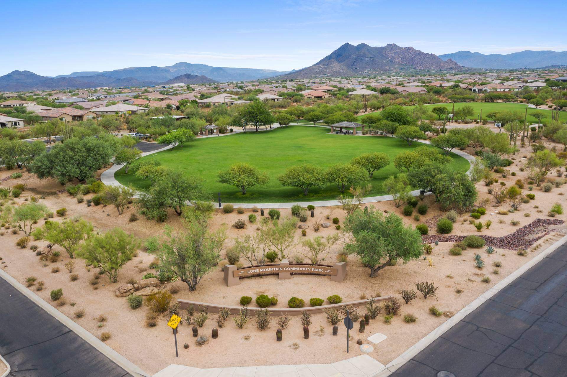 Aerial view of Lone Mountain community park and desert foothills in north Scottsdale