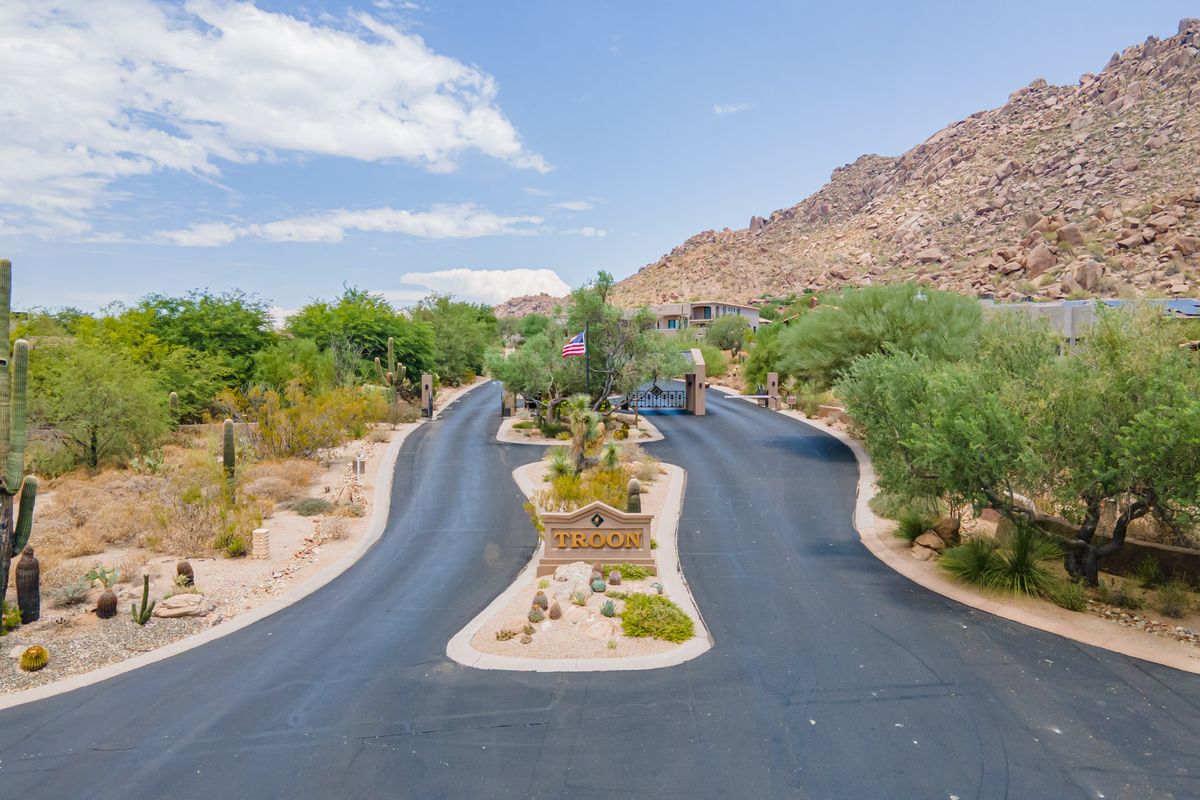 Desert road toward the mountains in the Troon foothills, north Scottsdale