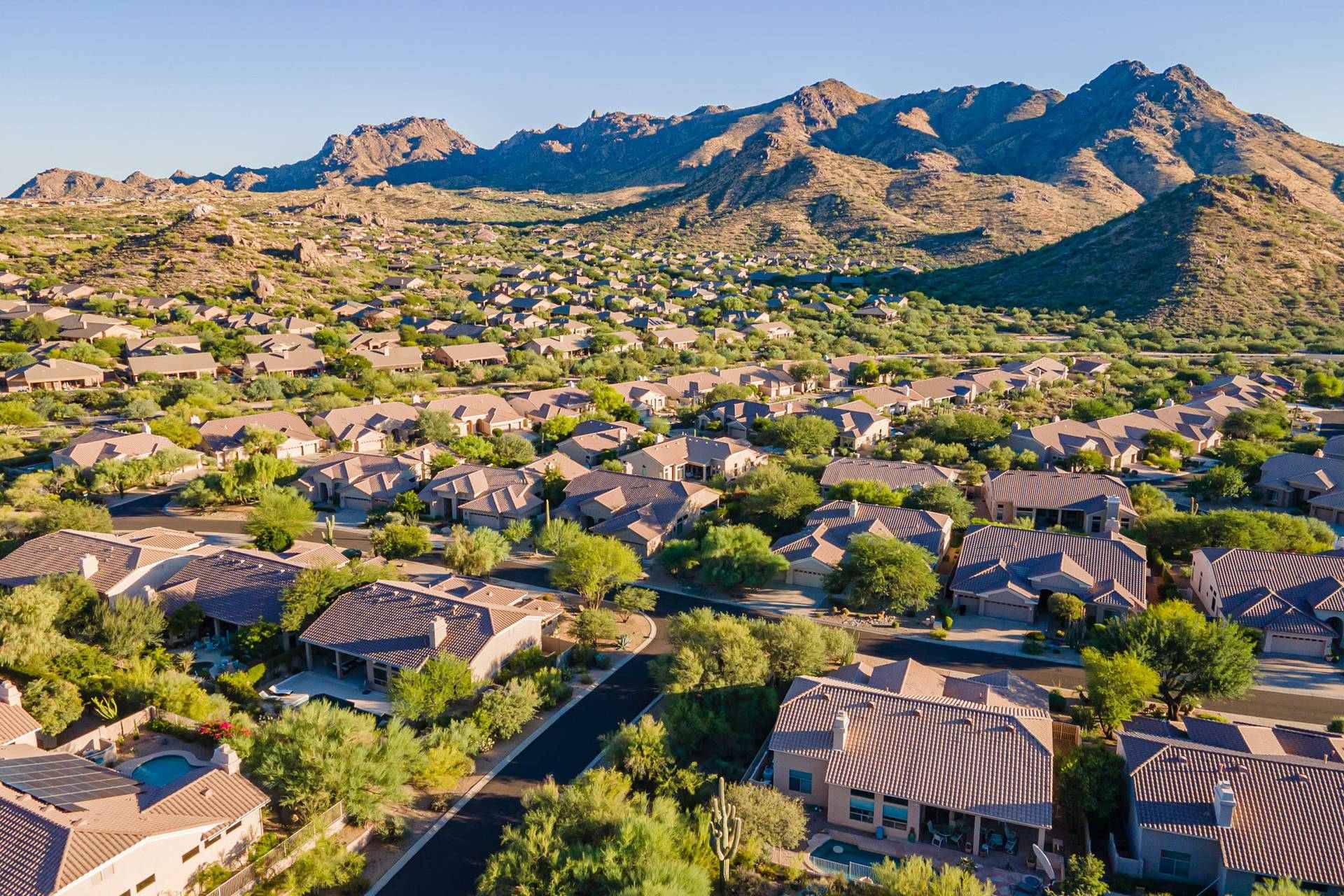Aerial view of desert homes and mountains in the Troon foothills of north Scottsdale