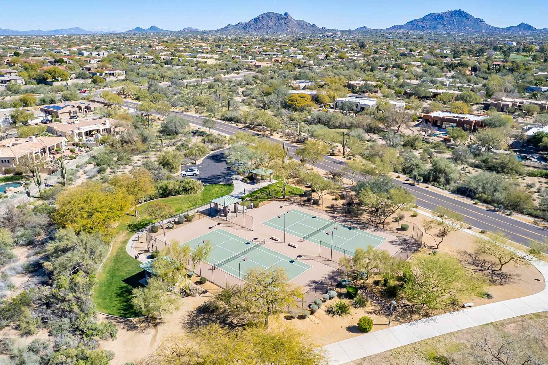 Aerial view of desert neighborhoods and mountains in the Pinnacle Peak area of north Scottsdale
