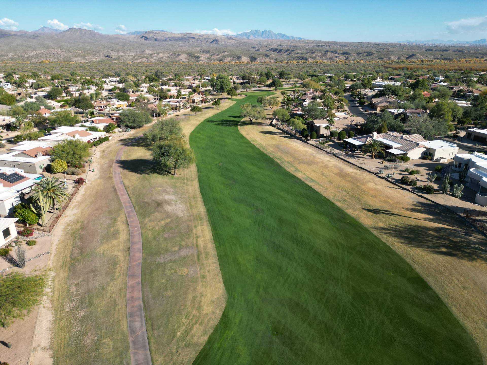 Aerial view of a Rio Verde golf course and community at dusk, Rio Verde AZ near Scottsdale