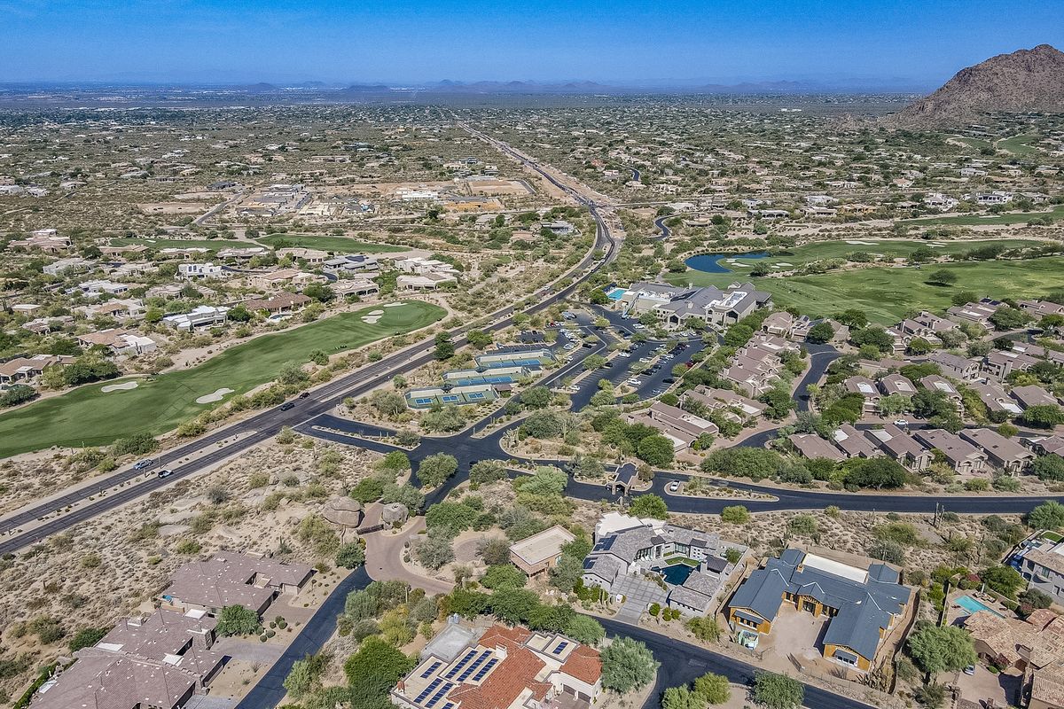 Aerial view of desert homes and mountains in the Troon area of north Scottsdale